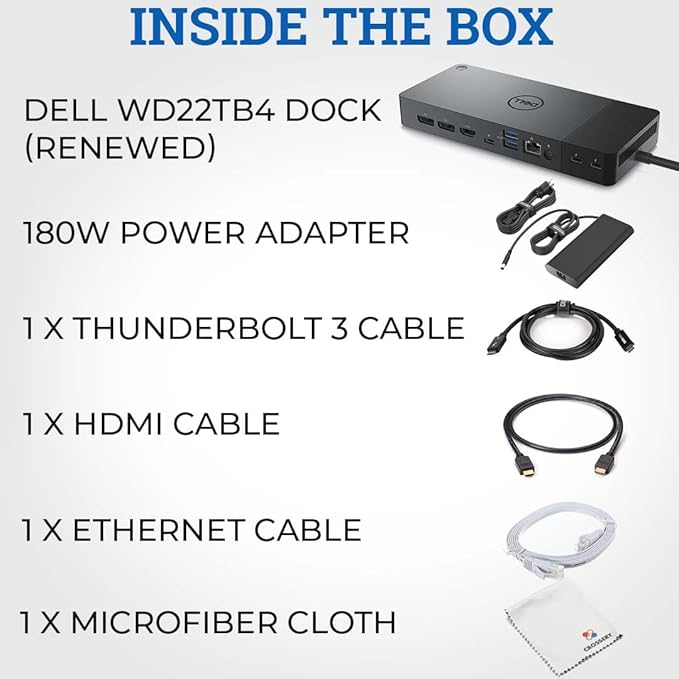 Dell WD22TB4 Thunderbolt 4 Docking Station Bundle - With Dell WD22 TB4 Thunderbolt 4 Universal Dock, 180W Power Adapter, HDMI & Thunderbolt 3 & Ethernet Cable & Microfiber Cloth (Renewed)