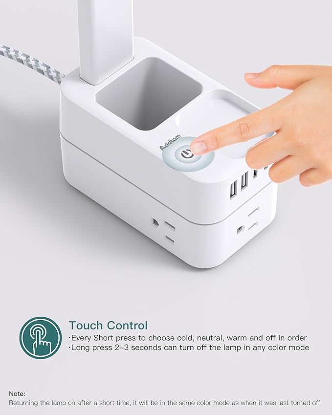 Addtam LED Desk Lamp with Pen Holder, Study Lamps with 3 Outlets 4 USB Charging Ports(2 USBC), 3 Color Modes Desk Light Touch Lamp, Small Desk Lamps for Home Office College Dorm Room Essentials