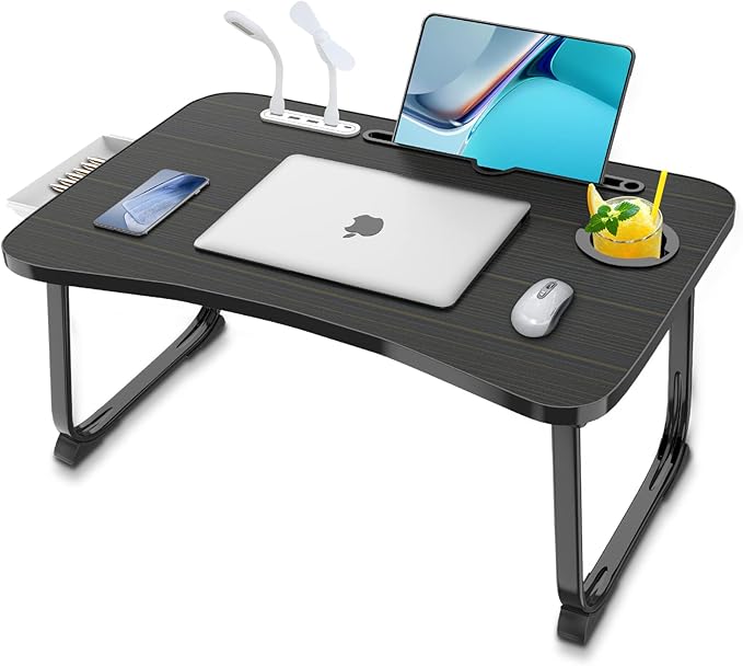 Fayquaze Laptop Bed Desk, Portable Foldable Laptop Bed Table with USB Charge Port Storage Drawer and Cup Holder, Lap Desk Notebook Stand Tray Table Serving Tray for Eating, Reading and Working