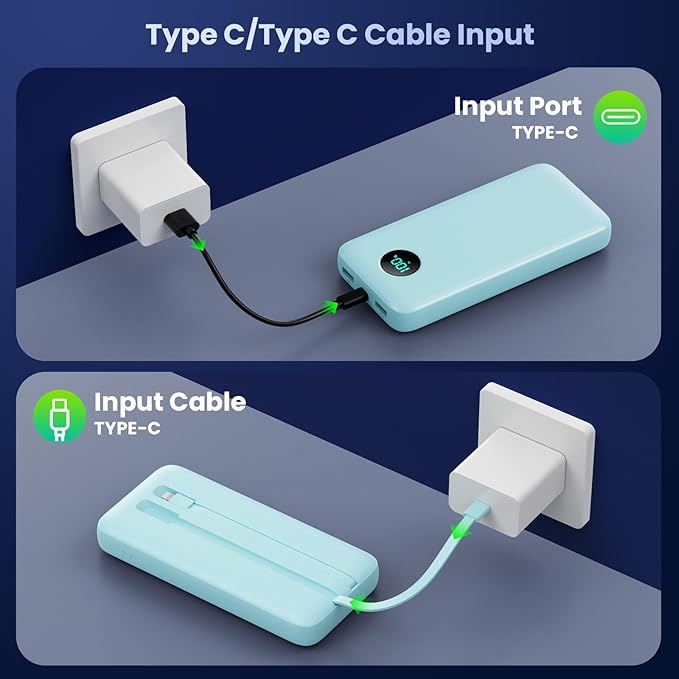 Portable Charger PowerBank 40,800mAh with 2 Built-in Cables,25W PD Fast Charging +QC 4.0 Quick Phone Charging Power Bank, 5 Outputs LCD Display USB C Battery Pack for iPhone 16/15 Android Galaxy etc