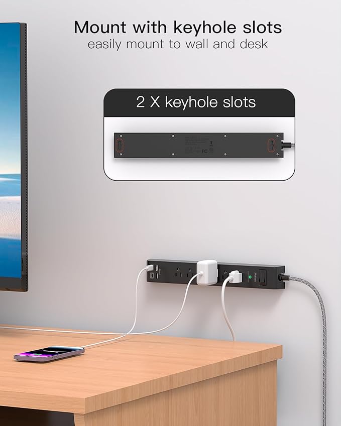 2 Pack Surge Protector Power Strip - 6 Outlets 4 USB Charging Ports, 5Ft Braided Extension Cord, Slim Flat Plug, Overload Protection, Wall Mount for Home Office, Dorm Room Essentials