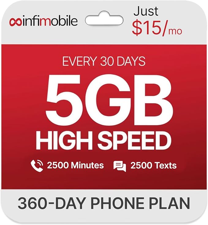 $15/Month | Infimobile Prepaid Plan: 12 Months | 5GB High-Speed Data Per Month | 2500 Minutes and 2500 Text| Prepaid Plan Service SIM Card | Nationwide Coverage | 4G, 5G T-Network