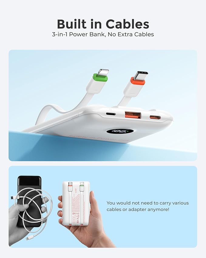VEEKTOMX Portable Charger,10000mAh Power Bank with Built-in Cable and 22.5W Fast Charging,Travel Camping Essential,for iPhone 17/16/15/14,Samsung 25/24,and More