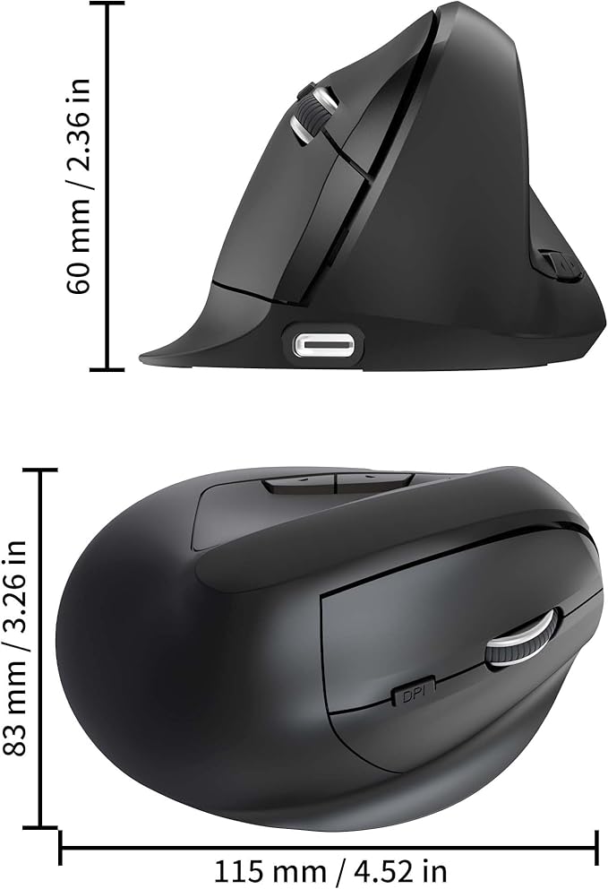Wireless Ergonomic Bluetooth Mouse Vertical Dual Mode Rechargeable Silent Portable High Precision Optical Cordless Mice with USB Receiver for PC/Laptop/Tablet/MacBook Boy Girl,Reduce Wrist Pain(Black)