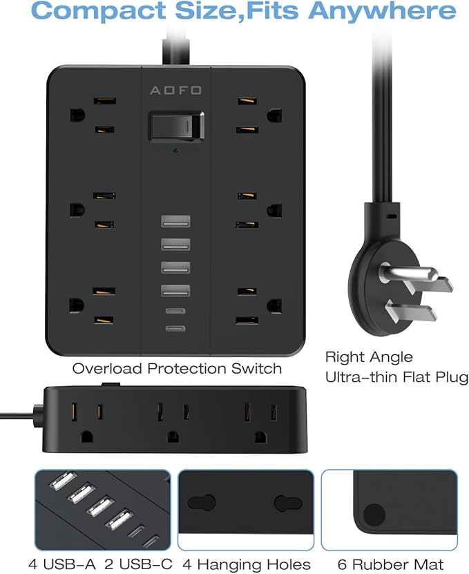 Flat Plug Power Strip, AOFO 5 Ft Extension Cord with 12 Outlets & 6 USB Ports (4 USB-A, 2 USB-C), Surge Protector, Ideal for Home, Office, Dorm, Large Spaces, Reliable and Safe, Black