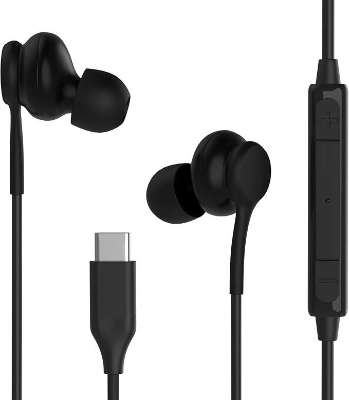 2025 New in-Ear Earbuds Stereo Headphones for Samsung Galaxy Z Fold6,S24S23S22S21S20 Note 10 10+ - with Microphone and Volume Remote Type-C Connector-Black