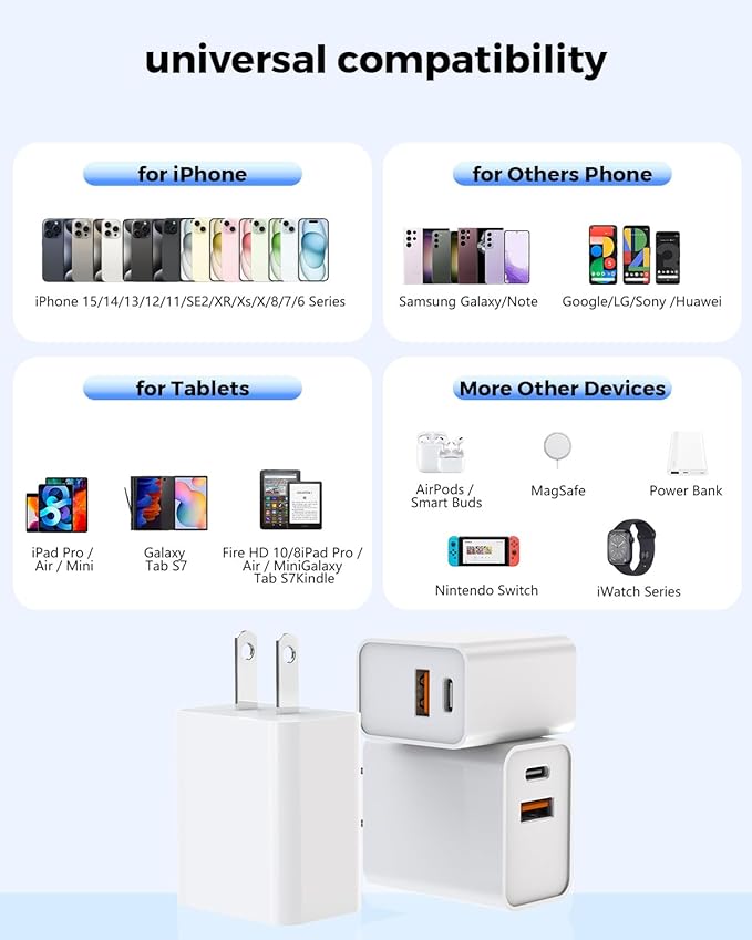 3 Pack iPhone 17 16e 15 Pro Charger Block, 20W iPhone C Charger Dual Port QC+PD 3.0 Power Adapter USB C Wall Plug Box Fast Charging for iPhone 17/17 Pro/16/16Pro/15Plus/14/13/12/11Pro/ProMax/Plus/iPad