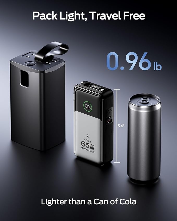 MOVE SPEED Portable Charger Laptop Power Bank 20000mAh 65W, Travel Essentials Battery Pack with Built-in Retractable USB-C Cable & Wall Plug, for MacBook/iPhone 17/16/15/iPad/Galaxy/Dell/HP and More