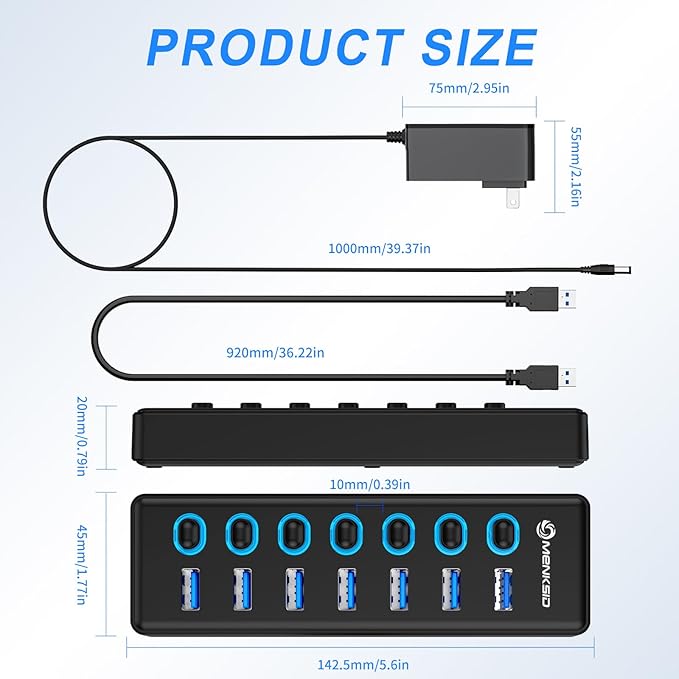 7-Port USB 3.2 Hub, Data USB Hub Splitter with Individual On/Off Switches and Lights, Compatible with Laptop, PC, MacBook, Mac Pro, Mac mini, iMac, Surface Pro and More