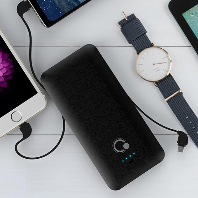 Q 10000mAh Power Bank, Slim Portable Charger,4 Output External Battery Pack with Built-in AC Wall Plug Micro USB C 3 Cables Compatible with iPhone Samsung Android Phone Tablet and More