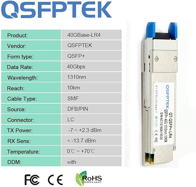 QSFPTEK 40G QSFP+ Module LC Single-Mode Transceiver 40GBASE-LR4 for Arista Networks QSFP-40G-LR4, 4 CWDM Lanes, 10km, with DDM