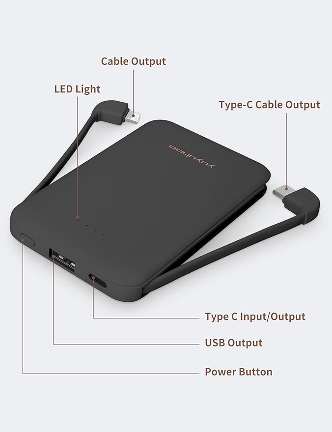 Power Bank, Slimmest 5000mAh Portable Charger with Built in USB-C Cables, USB C in&Out Charging Battery Pack, External Phone Powerbank Compatible with iPhone, Android, Black