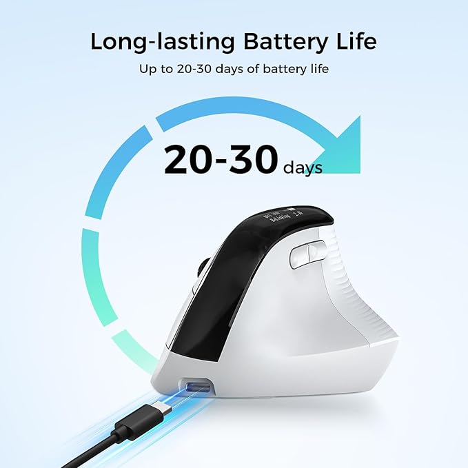 Wireless Ergonomic Mouse, Vertical Ergo Mouse with OLED Screen, Quiet Click, Rechargeable, Wired/Bluetooth/2.4GHz, 5 Adijustable DPI 800-6400 for Laptop, PC, Desktop, Computer, White