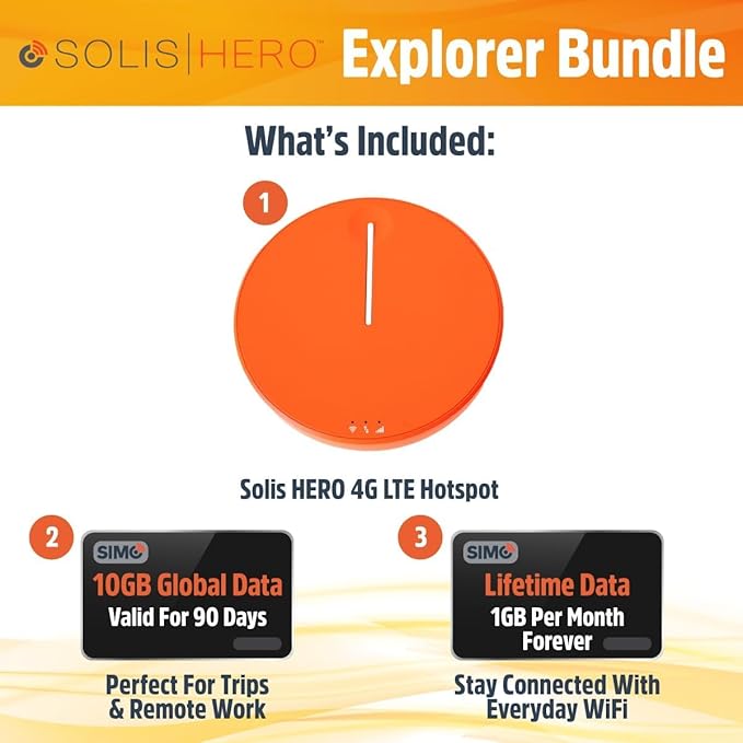 SIMO Solis Hero 4G LTE Hotspot, Includes Lifetime Data (12GB Per Year) and 10GB Global Data, Access Multiple Carriers, Internet in 140+ Countries, No Contract, Mobile Wi-Fi for Travel