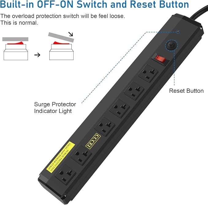 CCCEI Heavy Duty Power Strip Surge Protector 20 Amp, High Amp Industrial Shop Garage Metal Multiple Outlets, 6 FT 12 Gauge 5-15P Extension Cord 6 Outlet 6-20R T-Slot 20a for Appliance. Black.