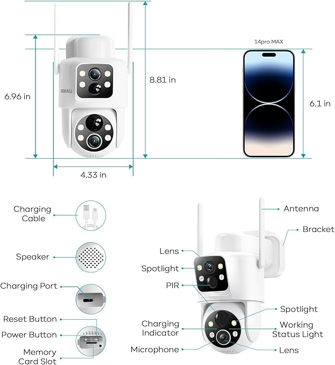 ZUMIMALL Security Cameras Wireless Outdoor with Dual Lens, 360° PTZ Solar Camera for Home Security, Clear Color Night Vision/AI Detection/2-Way Talk/2.4GHz WiFi/Siren & Light Alarm/IP66/Cloud/Alexa