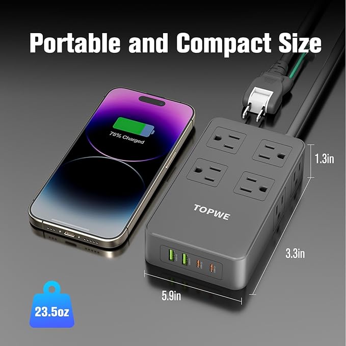 Power Strip Surge Protector with Multiple Outlets, Charging Station(100W Max), Flat Plug Extension Cord 10 Ft Long Cord, 8 Outlets & 4 USB Ports (2 USB C), Desk Charging Station for Home Office