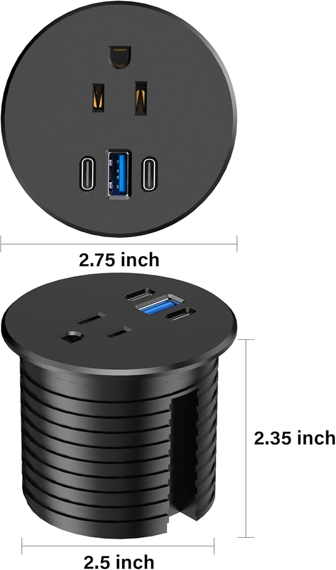 2.5 inch Power Grommet,20W USB-C Charging,1 Outlet with 2 USB C,1 USB Port,Furniture Flush Mount for Desktop,Recessed Power Strip,Workspace Essential Desk Outlet,2PCS (Black, 2 PCS-6FT Cord)