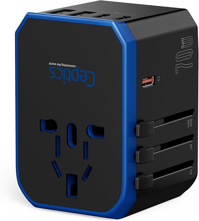 Ceptics 70W World International Travel Plug Adapter - Powerful GaN Tech with Pd & QC 3.0 Dual 3X USB-C Power - 2 USB Ports Wall Charger Type I C G A Outlets 110V 220V A/C - EU Euro US UK (70-KU)
