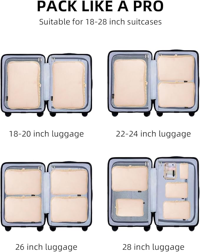 6 Set Compression Packing Cubes for Travel, Large Medium Small Luggage Organizers (Mist Khaki)