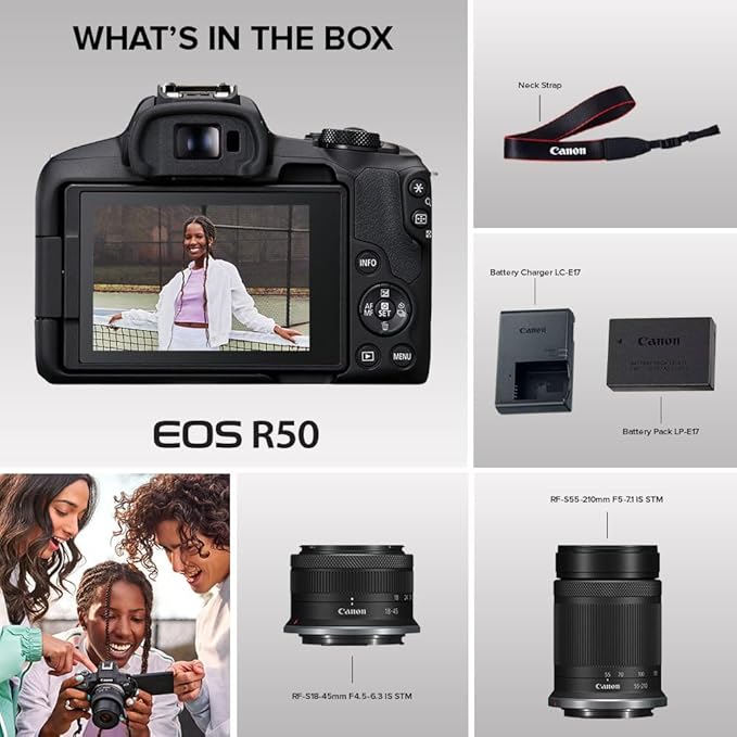 Canon EOS R50 Mirrorless Camera with RF-S18-45mm F4.5-6.3 is STM & RF-S55-210mm F5-7.1 is STM Lenses, 24.2 Megapixel CMOS (APS-C) Sensor, 4K Video, Content Creator Vlogging Camera, RF Mount, Black