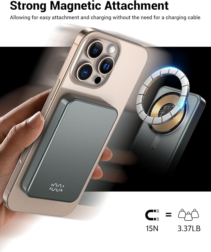 for Magsafe Portable Charger, Aluminum Alloy Small 10000mAh 20W PD Magnetic Power Bank, USB-C in&Out Wireless Battery Pack Phone Charger for iPhone 16/15/14/13/12 Plus Pro Max Series -Gray