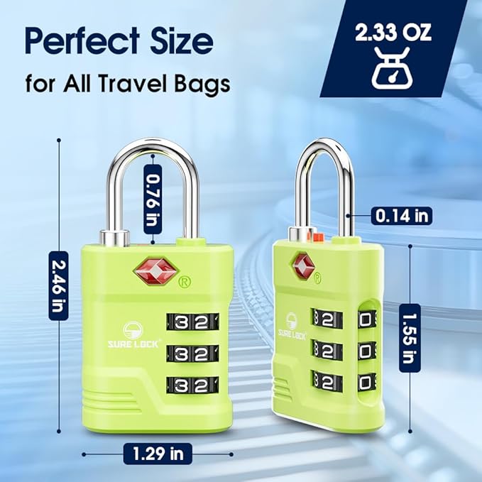 SURE LOCK TSA Locks for Luggage, TSA Approved Luggage Locks with Open Alert, 008 Key for High Security, Easy Read Dials, Zinc Alloy Body, Locker Lock for Suitcase, Gym, Travel. (Green 2 pk)
