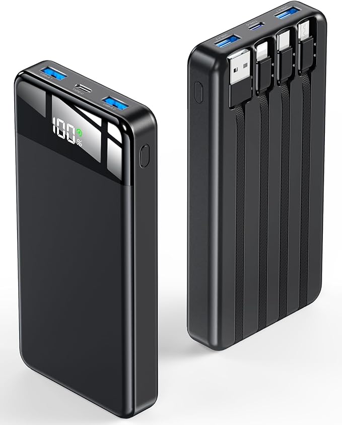 Portable Charger 35000mAh Power Bank - Powerbank with 4 Built in Cables, 22.5W Fast Charging Travel Camping Essential Battery Pack Compatible with iPhone 17 16 15 14 13 Samsung Google, 1 Pack