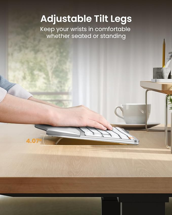 ProtoArc Backlit Bluetooth Ergonomic Keyboard, EK01 Plus Full Size Wireless Split Keyboard with Dual Bluetooth and USB, Cushioned Wrist Rest, Rechargeable, for Windows/Mac/Android, White and Silver