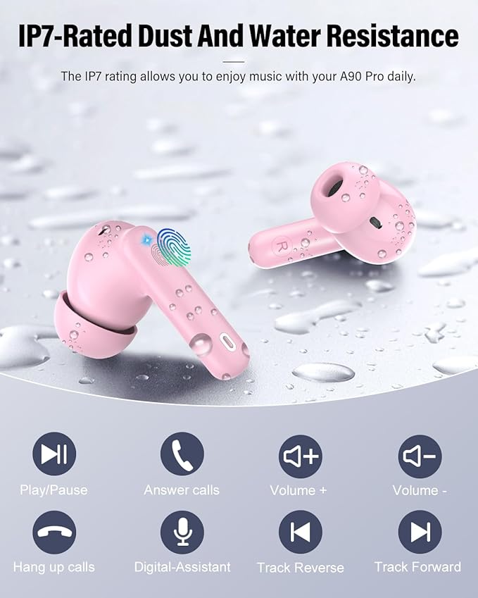 Wireless Earbuds, Bluetooth 5.4 Headphones Bass Stereo, Ear Buds with Noise Cancelling Mic, LED Display in Ear Earphones Clear Calls, IP7 Waterproof Bluetooth Earbuds for Laptop/Phones/Sports, Pink