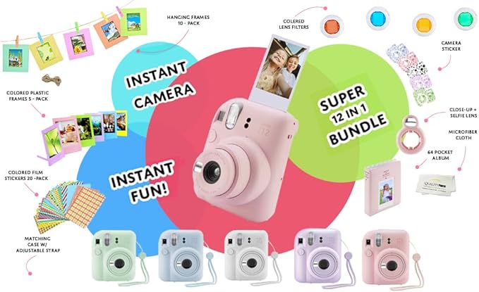 Fujifilm Instax Mini 12 Instant Camera + 60 Photo Prints + Quality Photo Value Bundle, Case, Decoration Stickers, Frames, Photo Album, (Blossom Pink)