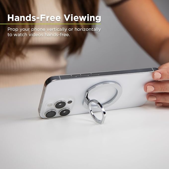 PureGear Magnetic Phone Grip Ring Stand, Magnetic Phone Ring Holder for MagSafe iPhone 16, 16Pro, 16Plus, 16ProMax, 15, 15Plus, 14, 14Pro, 14Pro Max, 13, 12, Adjustable Kickstand (Chrome Silver)