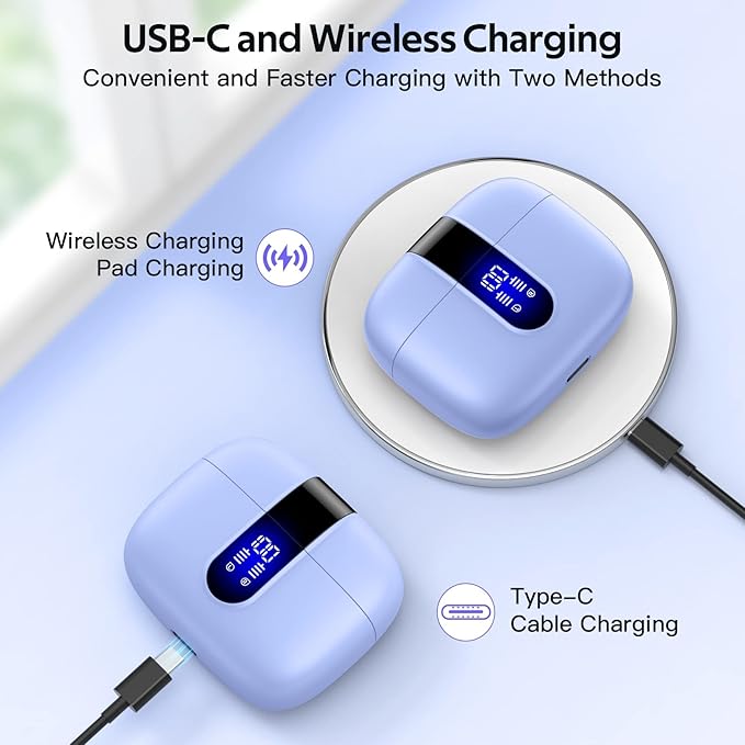 TAGRY 2 Sets X08 Pink and Purple Bluetooth Headphones True Wireless Earbuds 60H Playback Ear Buds with Wireless Charging Case in-Ear Earbuds with Mic