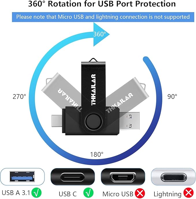 Thkailar 512GB Flash Drive 2 in 1 USB Flash Drive with Type C & Type A Ports,Thumb Drive,USB Stick for Android Phone/Tablet/PC/MacBook Pro/Air