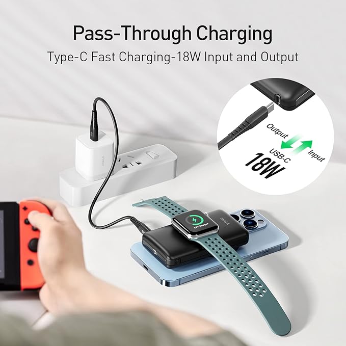 iWALK Magnetic Wireless Power Bank with iWatch Charger,10000mAh PD Fast Charging Portable Charger Compact Battery Pack Compatible with iPhone 17/16/15/14/13/12 Series,Apple Watch Ultra/8/7/6/5/4