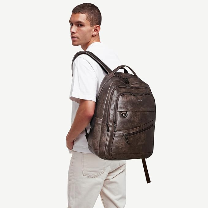 43L Backpack for Women Men - Vegan Leather Backpack Purse Travel Carry-on Bag College Bookbag Work fits 17" Laptop, Coffee