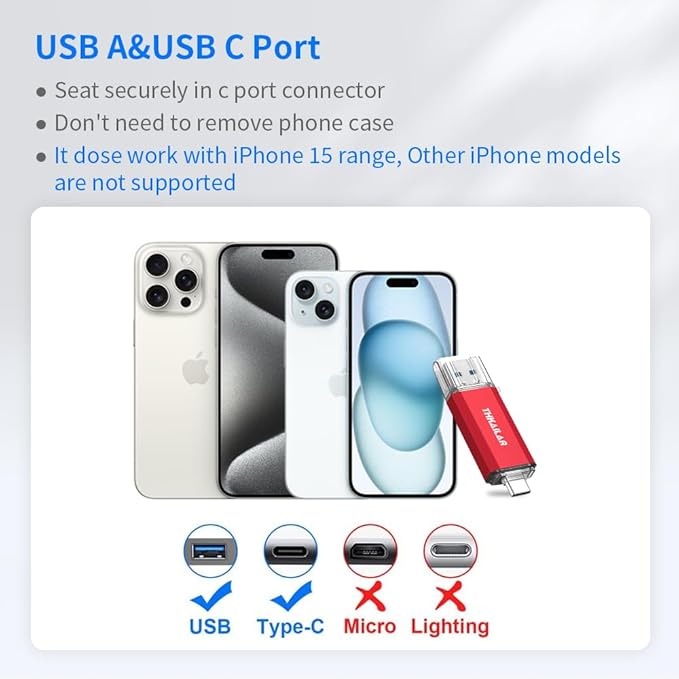 THKAILAR 2TB USB C Flash Drive,USB 3.2 Gen 2 Portable SSD up to 1000MB/s,Thumb Drive for iPhone 15/16 Series/Mac/PC/Android,Zinc Alloy Solid State Drive for High-Speed Data Storage