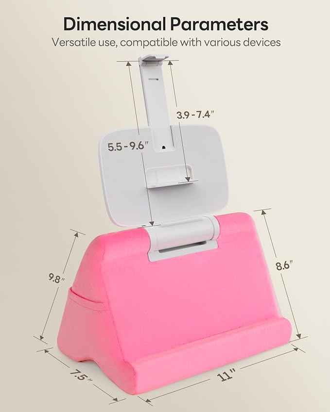 SAIJI Tablet Kindle Stand Pillow - iPad Holder for Lap Reading in Bed, with Lifter & Angle Adjustable Multi-Function Clip for 4-13" Tablets, iPad, Kindle, Phone, Pink