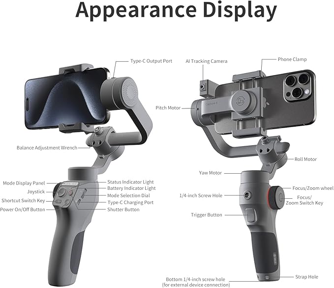 TOALLIN Gimbal Stabilizer for Smartphone, 3-Axis Phone Gimbal with AI Tracking, Gesture Control, Long Battery Life Stabilizer for iPhone & Android, Video Recording, Streaming, Travel Vlogging