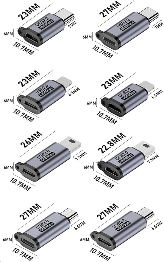 USB C/Lightning to Micro USB Adapter, Type C to Lightning Converter, USB C to Mini USB Connector (8 Pack)