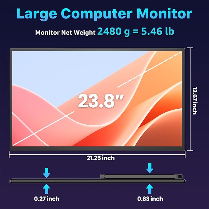 Portable Monitor 23.8" 4K 3840X2160 144% sRGB 60Hz IPS HDR HDMI USB-C Travel Monitor for Laptop MacBook PC Surface PS5 Xbox, Large External Display with Kickstand & Speakers, VESA Compatible