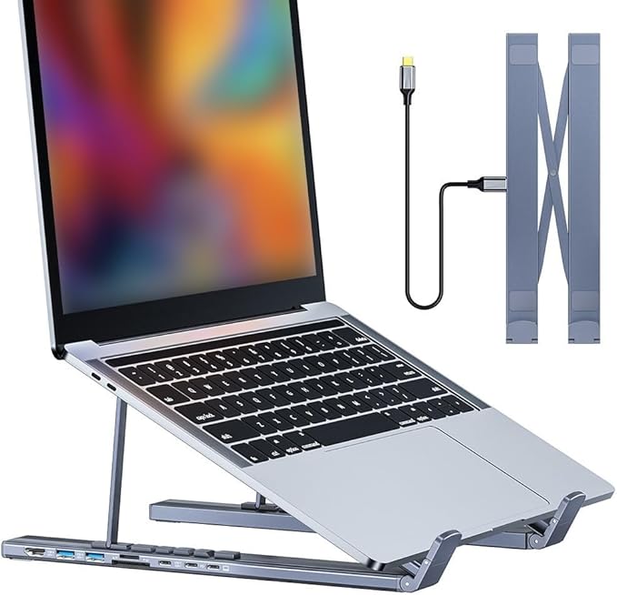8-in-1 USB C Laptop Docking Station Stand, Laptop Tablet Stand Adjustable, SD/TF Card Slots Fast Charging, Multiport Adapter Computer Cooling Stand, Cooling Riser Office Workstation Hub