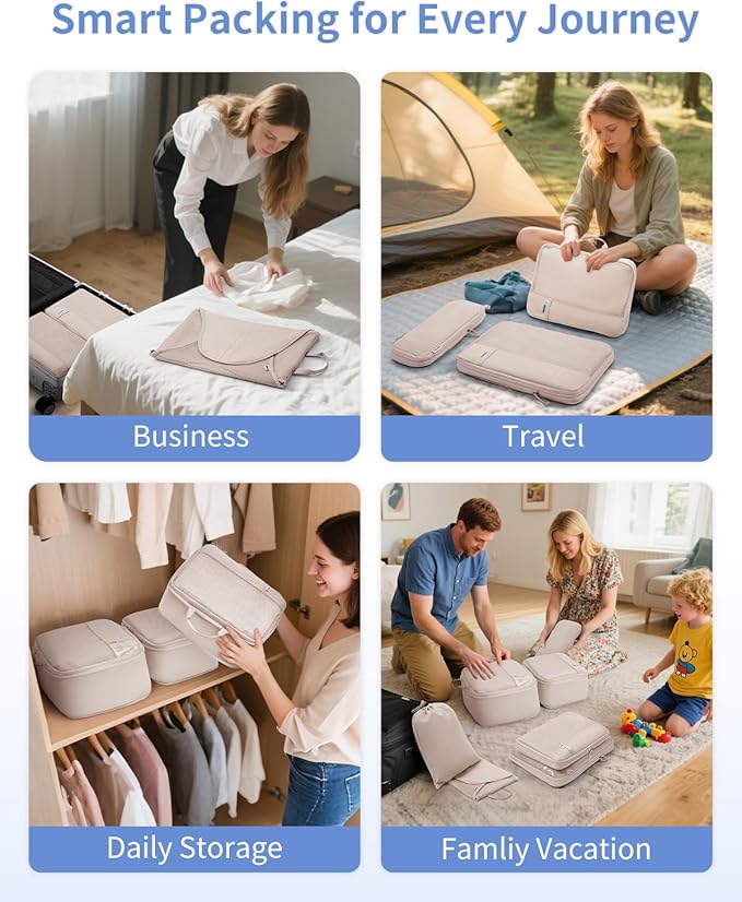 WANDF 7 Set Compression Packing Cubes for Travel, Shirt Folder for Wrinkle-Free, Suitcase Organizer Bags Set for Carry-On Checked Luggage Duffle Bag Women Men(Khaki)