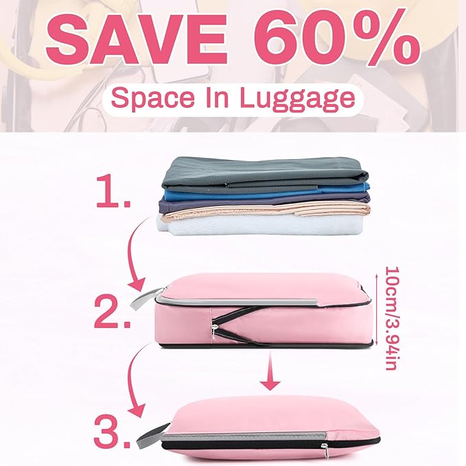 Hosuly 6 Pcs Large Compression Packing Cube Bag Travel Expandable Space Saving Organizers for Luggage Storage(Pink,17.3 x 12.6'')