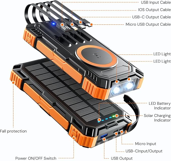 Solar Charger Power Bank 49800mAh 22.5W Portable Charger, 15W Wireless Charging QC 3.0 Fast Charging with LED Flashlight, Built-in 4 Cables, USB-C in/Output