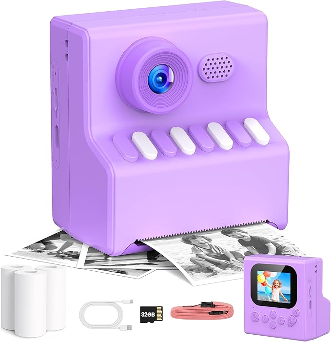 Point and Shoot Digital Cameras: HODDRCCN Kids Camera Instant Print - 2.5 Hours of Ssage Time -1080P Video Recording - MP3 Player - Purple Instant Camera Includes 32G SD Card and Portable Lanyard