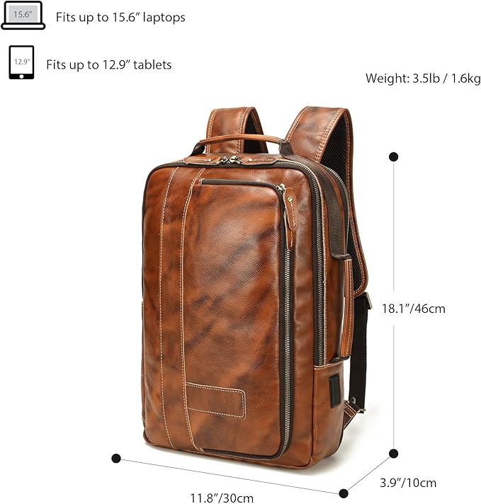 LANNSYNE Vegetable Tanned Leather Backpack for men, Expandable Leather Backpack Fits 15.6 Laptop, Tote Shoulder Travel Bag Rucksack