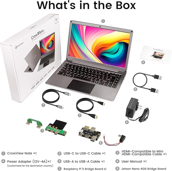 Portable Monitor with Keyboard,14inch 1080P FHD Lapdock Compatible with Mini PC/Phone/PC/Game Console,CrowView Note with RPi5 & Jetson Adapters(Full Feature TypeC & HDMI Cable Included)