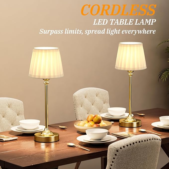 Cordless Table Lamps Rechargeable Set - 2 Pack Gold 4000mAH Battery Operated Lamps for Decor, 3000K Stepless Dimming Touch Wireless Lamp for Bedroom, Dining Table, Living Room, White Pleated Shade