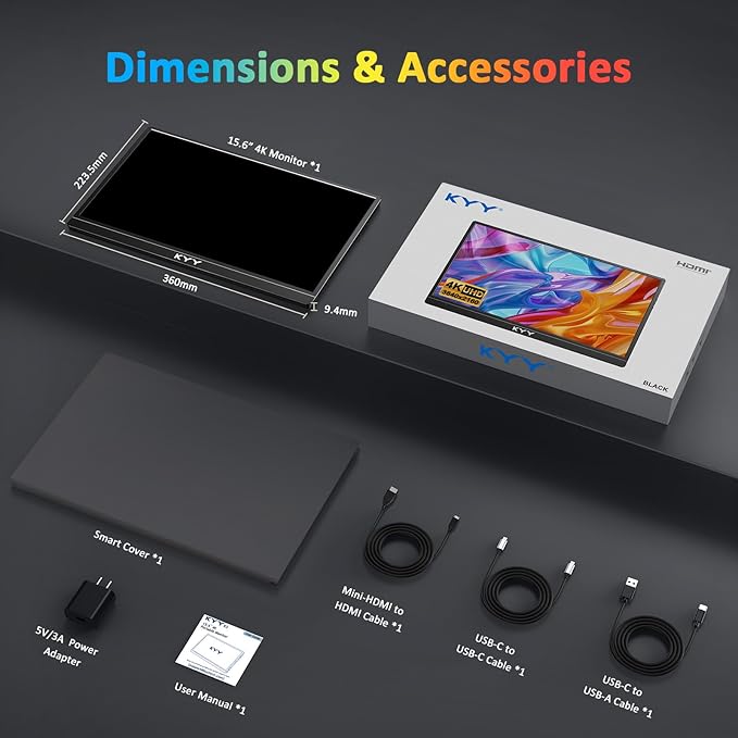 KYY 4K Portable Monitor for Laptop, 15.6'' Computer Screen Extender UHD 3840x2160,100% sRGB, 400 Nits, IPS Travel Monitor w/Speakers & Smart Cover for Laptop Xbox PS5 Switch PC Phone, VESA Compatible